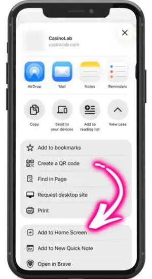 Add to Home Screen option expanded list iOS