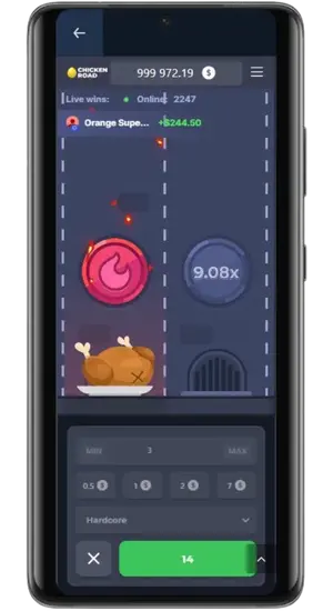 Chicken Road Hardcore mode crashed round multiplier 9.08x